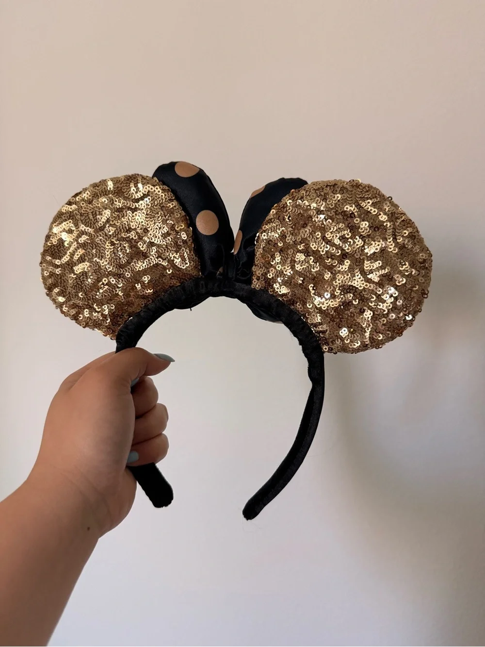 Gold Sequin & Black Polka Dot Bow Minnie Ears Headband
